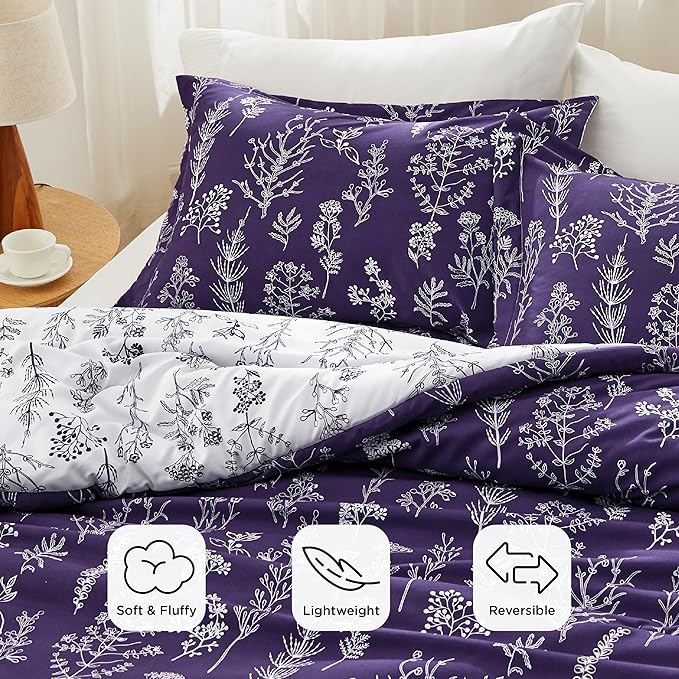 Bedsure Twin/Twin XL Comforter Set - Dark Purple Bed Set, 2 Pieces Cute Floral Bedding, 1 Soft Reversible Botanical Flowers Comforter and 1 Pillow Sham