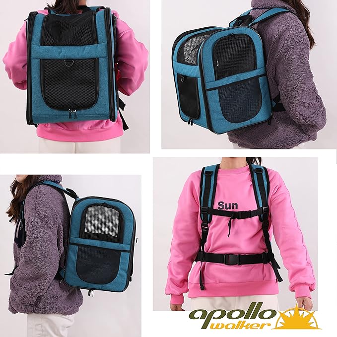 Apollo Walker Dog & Cat Carrier Backpack for 4-15lb Pets - Ventilated Safe Design with Padded Back Support, Breathable Mesh Pet Backpack for Hiking, Travel, Outdoor (Teal)-Mewly Pet