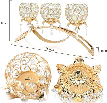 Set of 3 Gold Crystal Tea Light Candlestick Holders Flower Shape with Crystal Pendant Bowl Votive Metal Candle Holder for Table Centerpieces Wedding Home Decor (Gold, 3 arm)