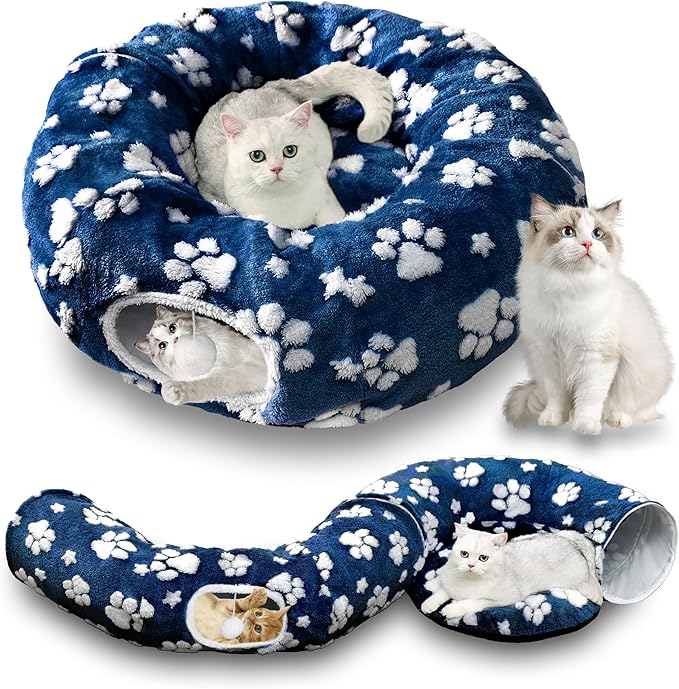 Cat Tunnel for Indoor Cats, Cute Peekaboo Cat Cave with Dangling Balls, Pet Donut Tunnel Bed with Circle Mat for Puppy Kitten Rabbit, Blue Paw-Mewly Pet