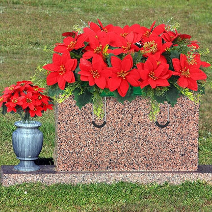 Christmas Cemetery Decorations for Grave Headstone Flower Saddle Artificial Flower Saddles Red Poinsettia Outdoor Memorial Headstone Realistic Bouquet(Red,Classic Style)
