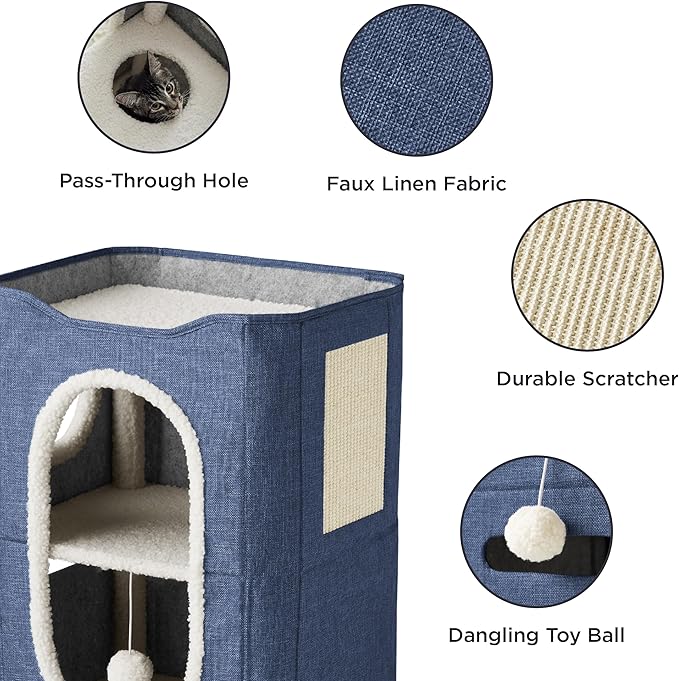 Bedsure 2 Story Cat House - Cat Condos for Indoor Cats with Scratch Pad and Fluffy Ball Hanging, Small Pet Cave Furniture Hideaway for Multi Pets, 18x14x23 inches, Blue-Mewly Pet