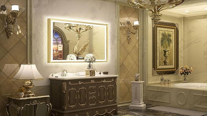 TETOTE 48x30 LED Bathroom Mirror with Lights Gold Metal Framed Front & Back Light Vanity Mirror Baroque Antifog Stepless Dimmable White/Warm/Natural,CRI90+,Waterproof,Wall Mounted(Horizontal/Vertical)
