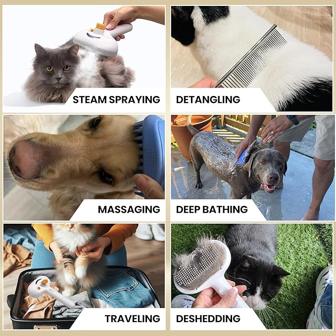 Self Cleaning Steam Brush for Cat Dog, 4 in 1 Pet Brushes for Shedding & Grooming, Bath Massage & Water/Mist Slicker Brush for Long Haired Cats & Dogs- Pet Grooming Brushes with Spray for Cats-Mewly Pet