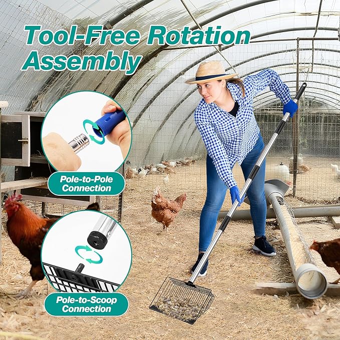 Adjustable Chicken Poop Scooper, Heavy Duty Stainless Steel Chicken Rake with 3-Slot Pole, Multi-Use Pet Waste Shovel & Hay Scooper - 36"/50"/64" Length-Mewly Pet
