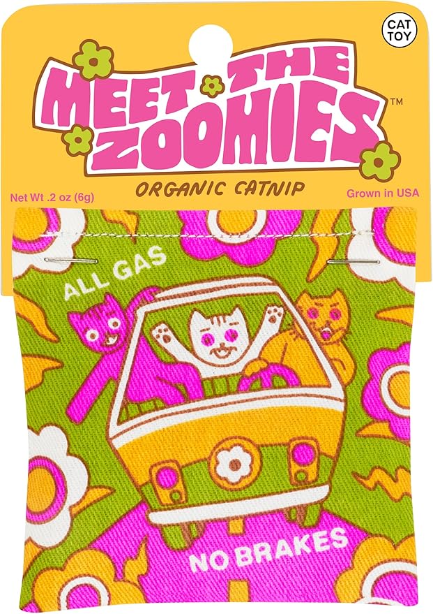 Blue Q Meet The Zoomies Catnip Cat Toy. Premium Organic Catnip Grown in The USA, 100% Cotton Pouches, Kitty Graphics Sure to Delight Every Cat-Keeper.-Mewly Pet