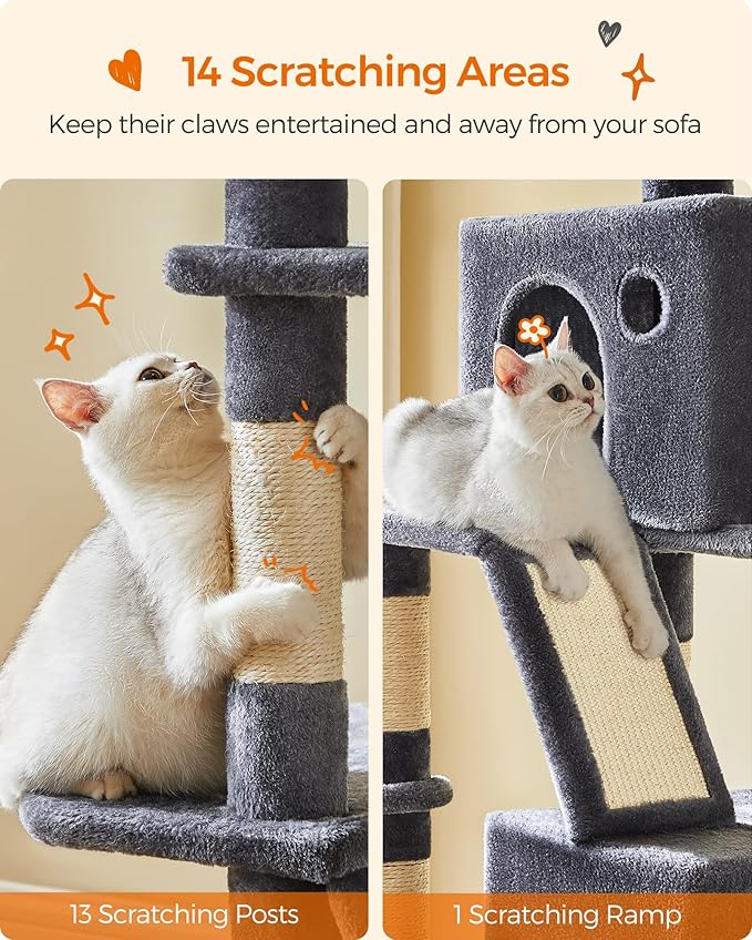 Feandrea Cat Tree, 81.1-Inch Large Cat Tower with 13 Scratching Posts, 2 Perches, 2 Caves, Basket, Hammock, Pompoms, Multi-Level Plush Cat Condo for Indoor Cats, Smoky Gray UPCT190G01-Mewly Pet