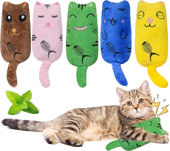 Catnip Toys for Indoor Cats, 5 Pack Cat Toys for Cats, Fluffy Catnip Toys for Chewing Playing, Interactive Kitten Toys, Catnip Filled Kitty Chew Teething Toys, Cat Chew Toys (Smile,5 Pack)-Mewly Pet
