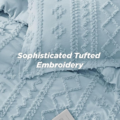 Bedsure Tufted Boho Comforter Set Twin Size - Dusty Blue Boho Bed Set, GentleSoft™ 2 Pieces Farmhouse Shabby Chic Embroidery Bedding, Gifts for Woman, Soft Jacquard Twin Comforter for All Seasons