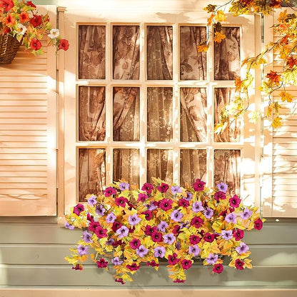 Artificial Fall Flowers Fake Petunias Plants for Outdoor Decoration, 2 Pcs Silk Faux Flowers UV Resistant No Fade Plants for Garden Balcony Yard Porch Realistic Indoor Decor (Burgundy Purple)