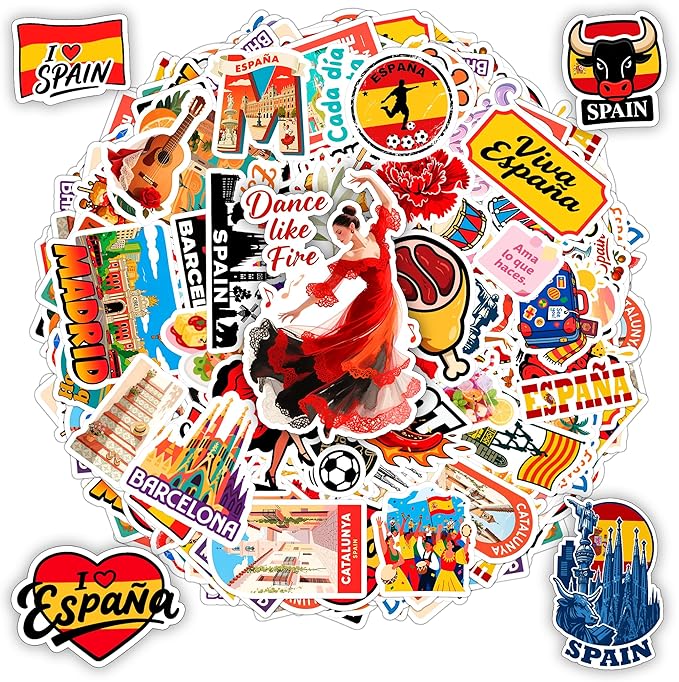 100 PCS Spain Travel Stickers Pack, España Vinyl Waterproof Stickers of Madrid Catalunya Landmarks Flamenco Food and Culture, 9 Sheets for Laptop Water Bottle Scrapbook