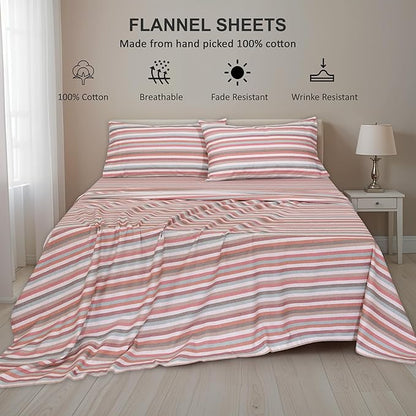 RUVANTI Flannel Sheets King Size - 100% Cotton Brushed King Size Sheets Set - Deep Pockets 16 Inches Bed Sheets - All Seasons Breathable & Extra Soft - Warm & Cozy, 4 Piece, Multi Chevron Stripe