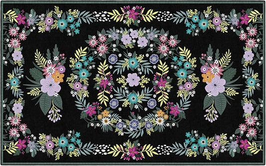 Flagship Carpets Schoolgirl Style Vintage Floral Educational Area Rug for Kids Room Seating Décor, Children's Classroom, Play Carpet for Teaching and Playroom, 7'6" x 12', Black & Multi
