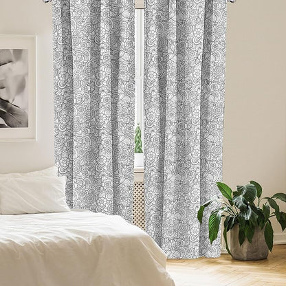Ambesonne Black and White Window Curtains, Paisley Design with Sketch Style Flowers Leaves on Monochrome Background, Decor 2-Panel Set with Rod Pocket, Pair of - 28" x 95", White and Charcoal