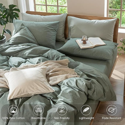 MooMee Bedding Duvet Cover Set 100% Washed Cotton Linen Like Textured Breathable Durable Soft Comfy (Heathered Green, Super King 108"x98")