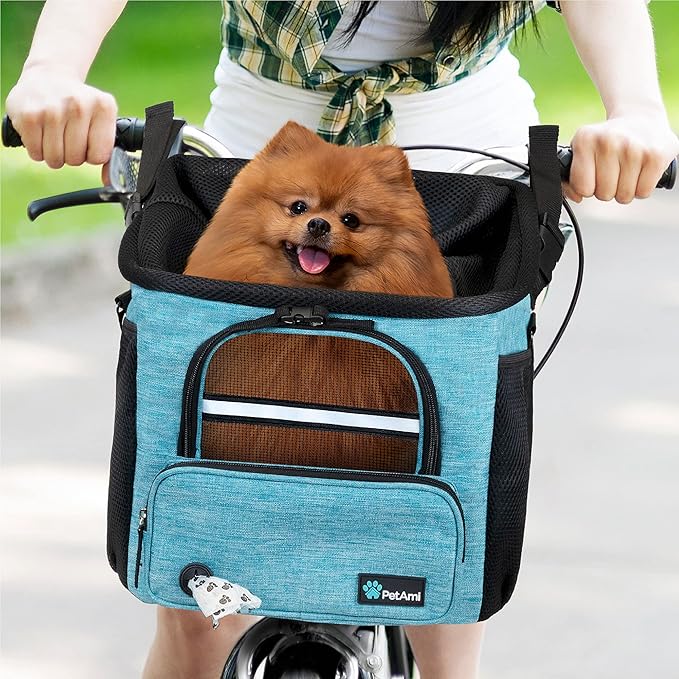 PetAmi Dog Bike Basket, Soft-Sided Ventilated Dog Bike Carrier Backpack, Pet Bicycle Basket for Bike Handlebar, Small Medium Puppy Cat Kitten Car Booster Seat with Safety Strap, Max 18 lbs, Blue-Mewly Pet