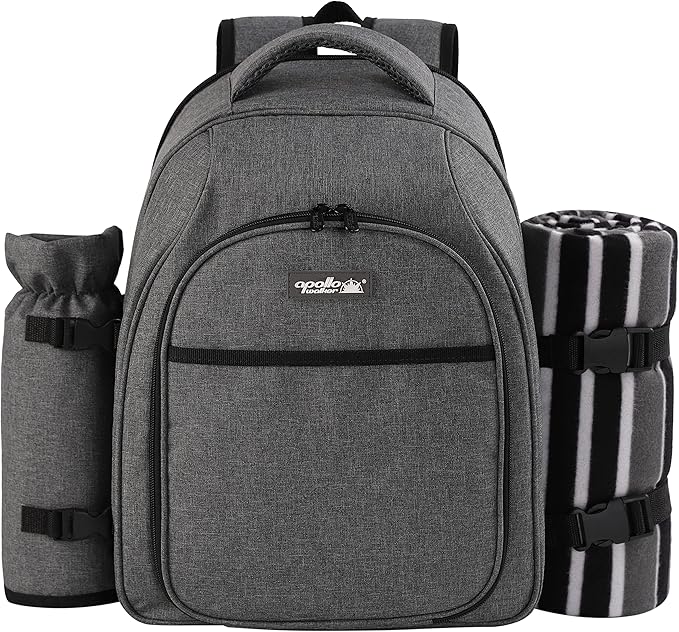 apollo walker Picnic Backpack Bag for 2 Person with Cooler Compartment, Detachable Bottle/Wine Holder, Fleece Blanket, Plates and Cutlery Set (2Person,Grey)-Mewly Pet