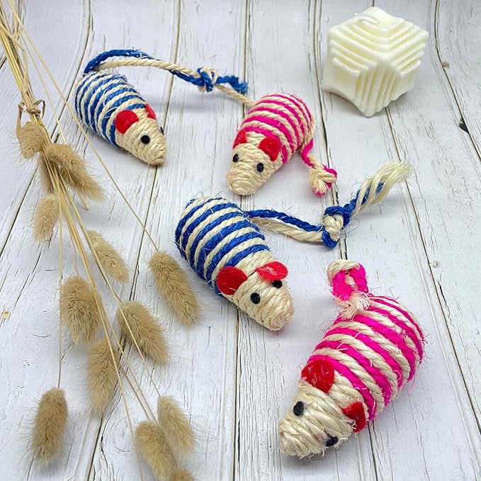 LUOZZY 4Pcs Cat Mouse Toys Adorable Sisal Mice Toys Kitten Chewing Toy Funny Indoor Animal Shape Props Pet Supplies - Blue+Pink 1.38x5.11in-Mewly Pet