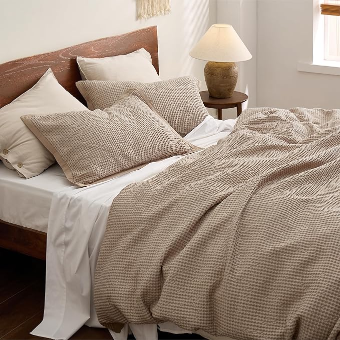 Bedsure Cotton Duvet Cover Set - 100% Cotton Waffle Weave Khaki Duvet Cover Oversized King Size, GentleSoft™ and Breathable Bedding Set for All Season, 3 Pieces, 120"x98"