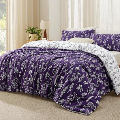 Bedsure California King Comforter Set - Dark Purple Bed Set, 3 Pieces Cute Floral Bedding, 1 Soft Reversible Botanical Flowers Comforter and 2 Pillow Shams