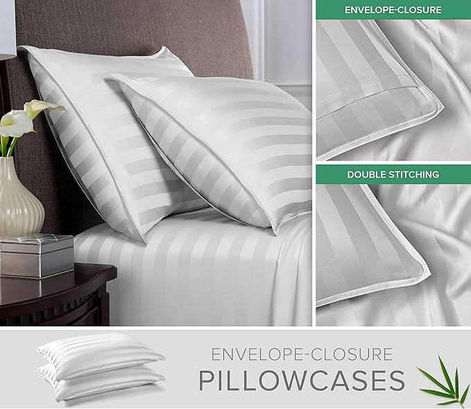Split King Sheets by Pure Bamboo, Genuine 100% Organic Viscose Derived from Bamboo Bed Sheet Set, Soft & Cooling, Double Stitching *Not for Split Top (Split King, Jacquard White)