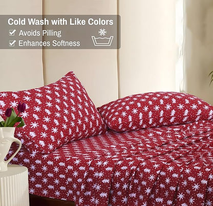 RUVANTI Flannel Sheets Full Size - 100% Cotton Double Brushed Bed Sheets Set, Deep Pockets 16 Inches, All Seasons Breathable & Extra Soft Full Sheets, Warm & Cozy, 4 Piece, Red Christmas