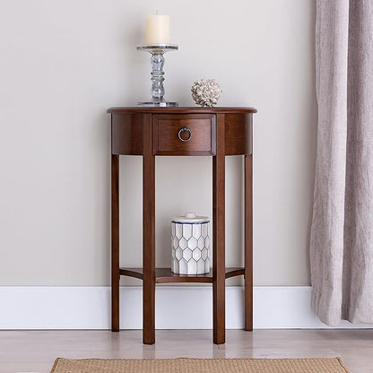 Seneca Solid Wood Demilune Console Table with Shelf and Drawer, Pecan, Perfect for Entryways, Hallways, and Stair Landings – Leick Home, 9030