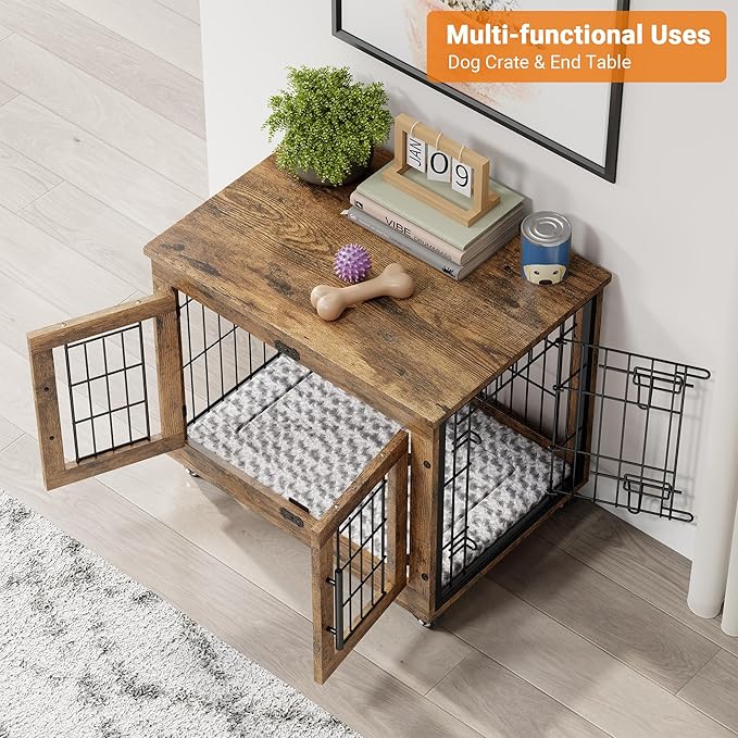 Lulive Small Dog Crate Furniture Set of 2, Dog Kennel Indoor Double Doors Wooden Dog Cage, 27' Heavy Duty Dog Crate with Cushion & Wheels, End Table Pet House Chew-Resistant Up to 30 lb, Rustic Brown-Mewly Pet