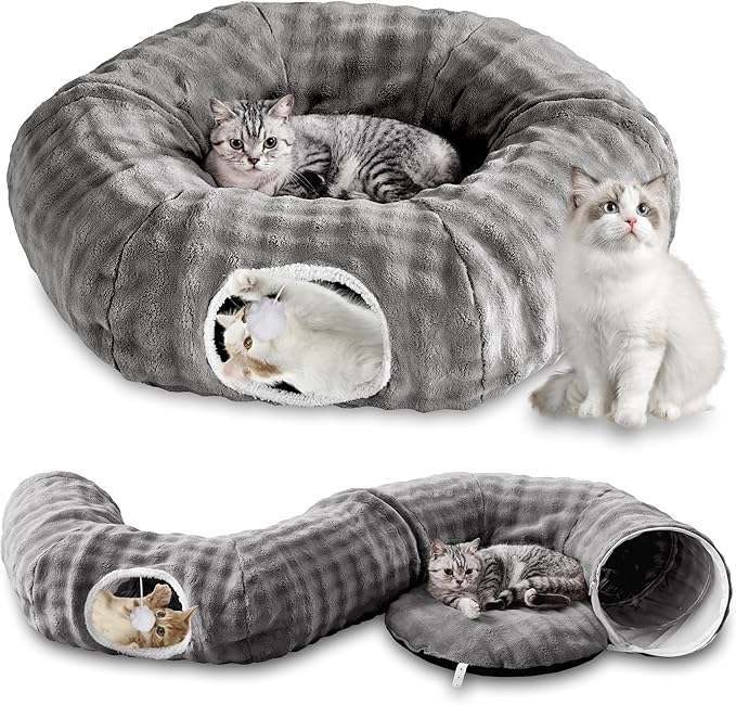 Bubble Cat Tunnel for Indoor Cats, Round Peekaboo Cave Toy with Dangling Balls, Donut Tunnel Bed with Circle Mat for Puppy Kitten Rabbit, Grey-Mewly Pet