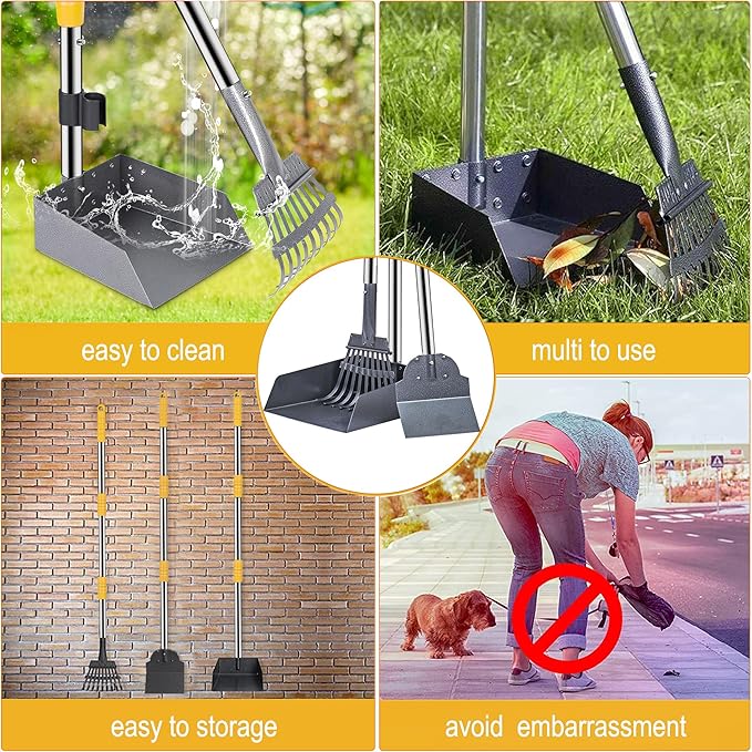 Niubya Pooper Scooper for Dogs, Metal Poop Scooper Tray Spade and Rake Set, Poop Scoop with Adjustable Long Handle, Dog Pooper Scooper for Pet Waste Removal-Mewly Pet