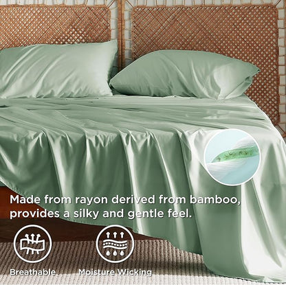 Bedsure Queen Sheet Set, Rayon Derived from Bamboo, Cooling Sheets, Breathable & Soft, Deep Pocket Up to 16 Inches, Hotel Luxury Silky Bedding for Hot Sleepers, Sage Green