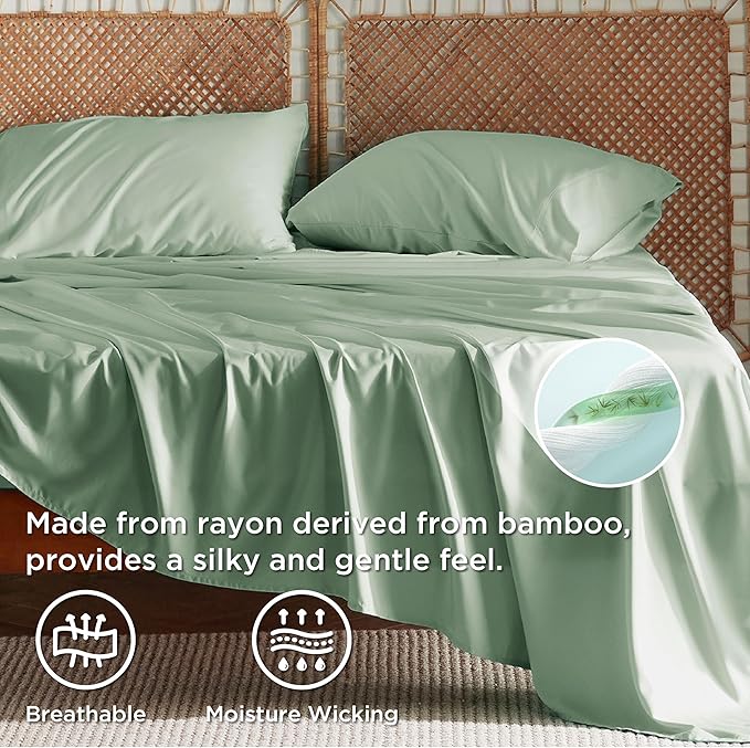 Bedsure Full Size Bed Sheets, Cooling Sheets, Rayon Derived from Bamboo, Breathable & Soft, Deep Pocket Up to 16 Inches, Hotel Luxury Silky Bedding for Hot Sleepers, Sage Green