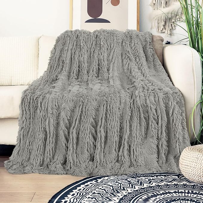 Tuddrom Decorative Extra Soft Fuzzy Faux Fur Throw Blanket 50" x 60",Solid Reversible Long Hair Shaggy Blanket,Fluffy Cozy Plush Comfy Microfiber Fleece Blankets for Couch Sofa Bedroom,Quiet Grey