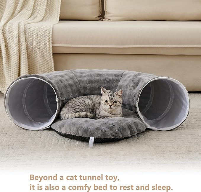 Bubble Cat Tunnel for Indoor Cats, Round Peekaboo Cave Toy with Dangling Balls, Donut Tunnel Bed with Circle Mat for Puppy Kitten Rabbit, Grey-Mewly Pet