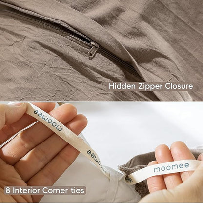 MooMee Bedding Duvet Cover Set 100% Washed Cotton Linen Like Textured Breathable Durable Soft Comfy (Solid Brown, Oversized Queen 98"x98")