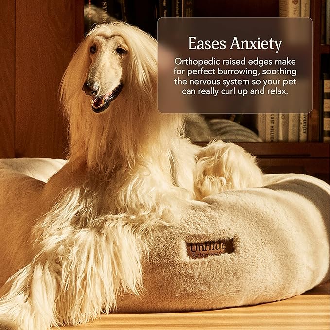 UnHide Floof Pet Bed - Large (35" x 12") - Extra Soft Dog Bed - Removable Faux Fur Cover - Machine Washable - Helps Ease Pet Anxiety & Provides The Perfect Sleep - Beige Bear-Mewly Pet