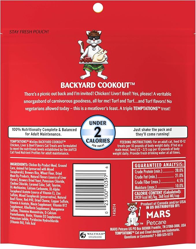 Temptations MixUps Backyard Cookout Flavor Crunchy and Soft Cat Treats, 6.3 oz. Pouch (Pack of 10)-Mewly Pet