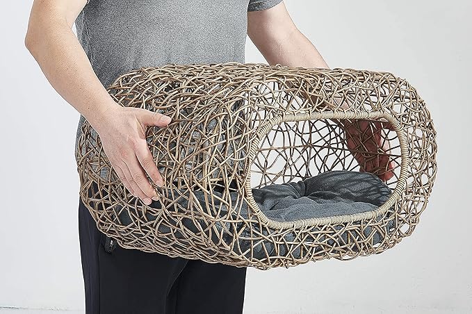 Fun Stackable Cat Condo for Indoor Cats - Interactive Play Faux Rattan Cat House for Indoor Cats Kitty, Pet Friendly Top/Side House Entry, Cat Bed Enclosed