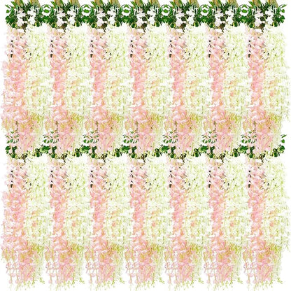 Giegxin 36 Pcs Artificial Wisteria Hanging Flowers 3.6 ft Artificial Fake Wisteria Vine Rattan Hanging Garland Silk Flowers String for Wall Home Wedding Party Greenery Decorations (Pink,White)