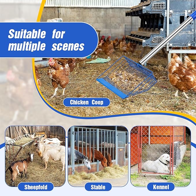 Large Chicken Poop Scooper, Heavy Duty Chicken Coop Scoop for Sand, 35" to 64" Adjustable Stainless Steel Handle, Multifunctional Sifting Shovel for Chicken Coop/Goat Stall/Stable Cleaning-Mewly Pet