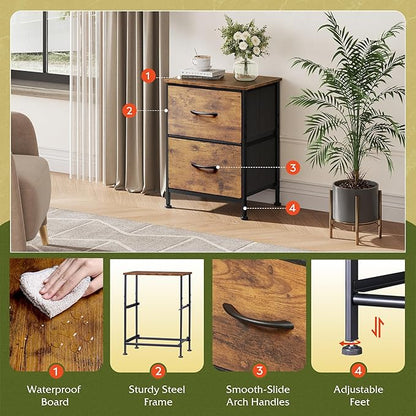 WLIVE Night Stand, Small 2 Drawer Dresser, Nightstand with Fabric Bins for Bedroom, Closet, Dorm, Rustic Brown Wood Grain Print, 11.8" D x 15.7" W x 20.9" H