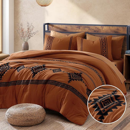 MaiRêve Oversized Queen Comforter Set Burnt Orange, Embroidery Western Bedding Set Boho 7 Pieces, Farmhouse All Season Bed in A Bag with Sheets, Pillowcases & Shams