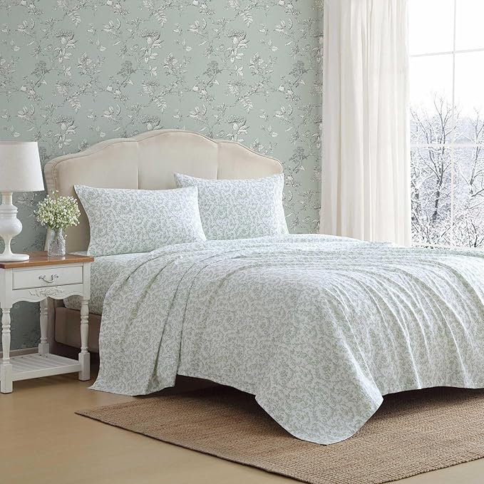 Laura Ashley - Flannel Sheets Full Size, Anti-Pilling & Wrinkle Resistant Cotton, Touchably Soft for All-Season Comfort - Bed Sheets with Matching Pillowcases & Fitted Sheet (Brinna Green)
