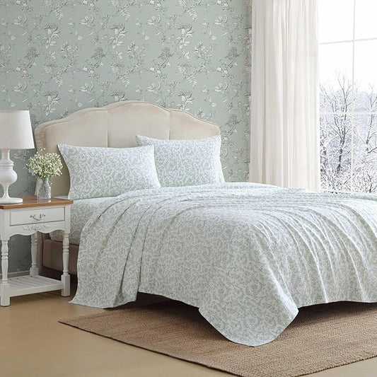 Laura Ashley - Flannel Sheets Full Size, Anti-Pilling & Wrinkle Resistant Cotton, Touchably Soft for All-Season Comfort - Bed Sheets with Matching Pillowcases & Fitted Sheet (Brinna Green)