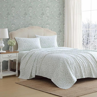 Laura Ashley - Flannel Sheets Twin Size, Anti-Pilling & Wrinkle Resistant Cotton, Touchably Soft for All-Season Comfort - Bed Sheets with Matching Pillowcase & Fitted Sheet (Brinna Green)