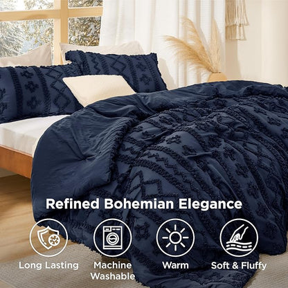 Bedsure Tufted Boho Comforter Set King Size - Navy Boho Bed Set, GentleSoft™ 3 Pieces Farmhouse Shabby Chic Embroidery Bedding, Gifts for Woman, Soft Jacquard King Comforter for All Seasons
