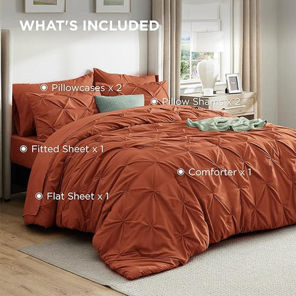 Bedsure California King Comforter Set Burnt Orange - Bed in a Bag Cal King Bedding Set 7 Pieces, GentleSoft™ Pintuck Bed Set Gift for Family, Pinch Pleat Comforter with Sheets, Pillowcases & Shams