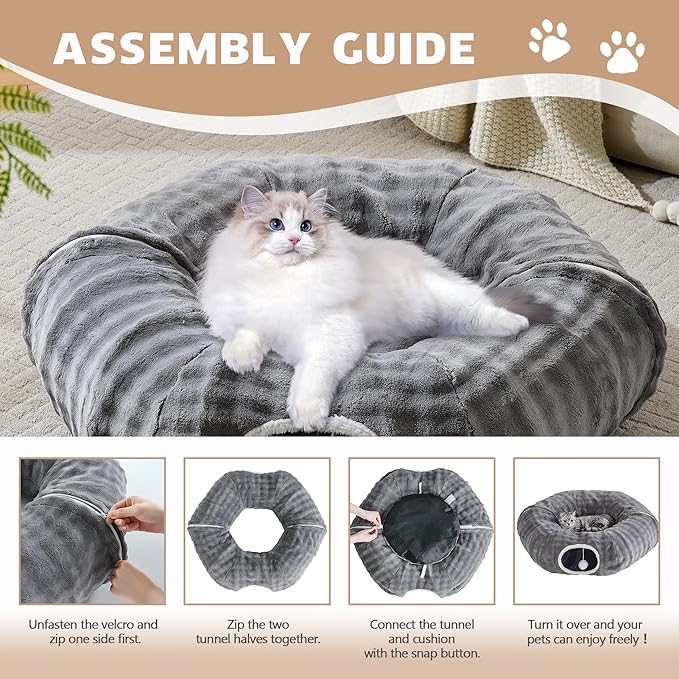 Bubble Cat Tunnel for Indoor Cats, Round Peekaboo Cave Toy with Dangling Balls, Donut Tunnel Bed with Circle Mat for Puppy Kitten Rabbit, Grey-Mewly Pet