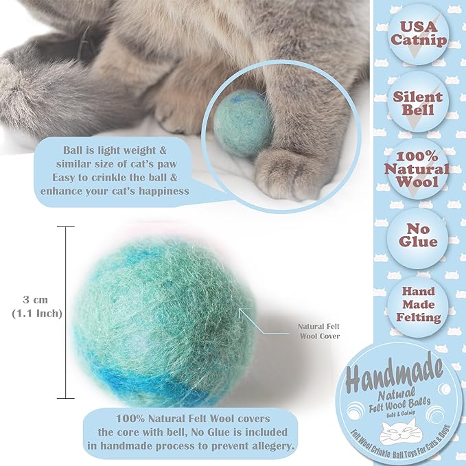 Felt Wool Cat Toys Ball with Catnip and Bell, Natural Handmade (Baby Blue (5 Units))-Mewly Pet