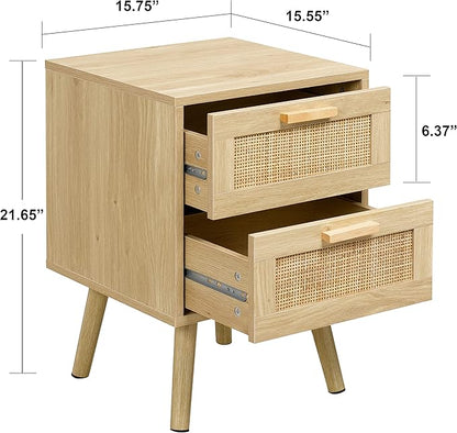 Finnhomy Nightstands Set of 2, Night Stands Set 2 with Hand Made Rattan Decorated Drawers, Nightstand, End Table, Bedside Tables Set of 2 for Bedroom, Natural, 2 Pack